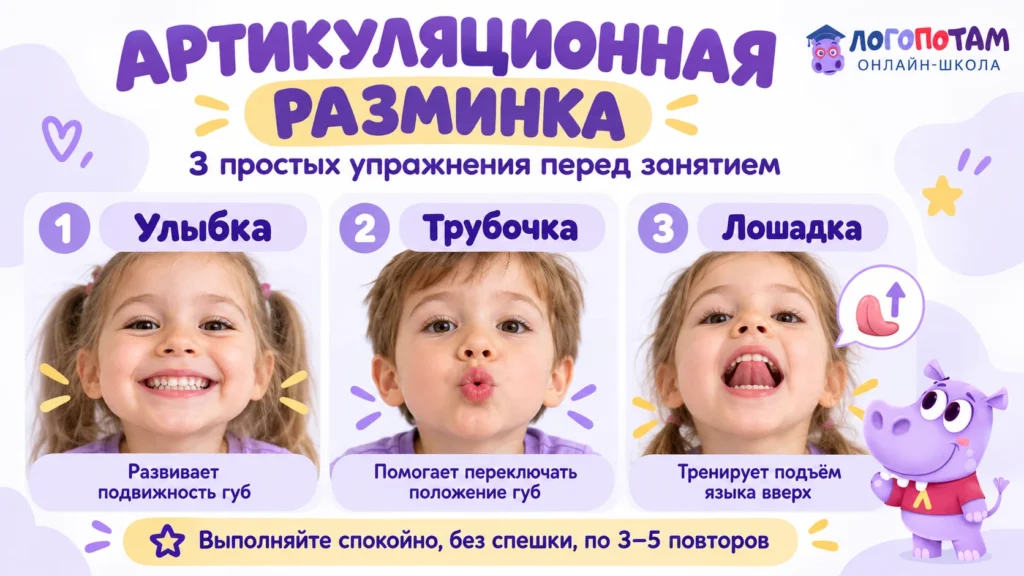 Артикуляционная разминка на логопедическом занятии: 3 упражнения
