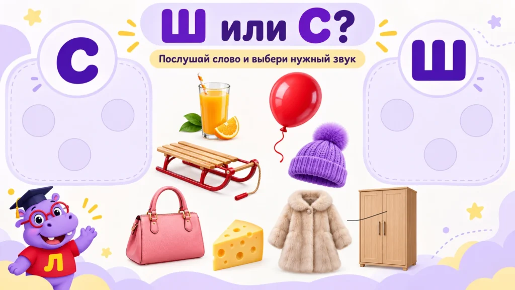 Упражнение «Ш или С?»: ребёнок различает звуки на слух